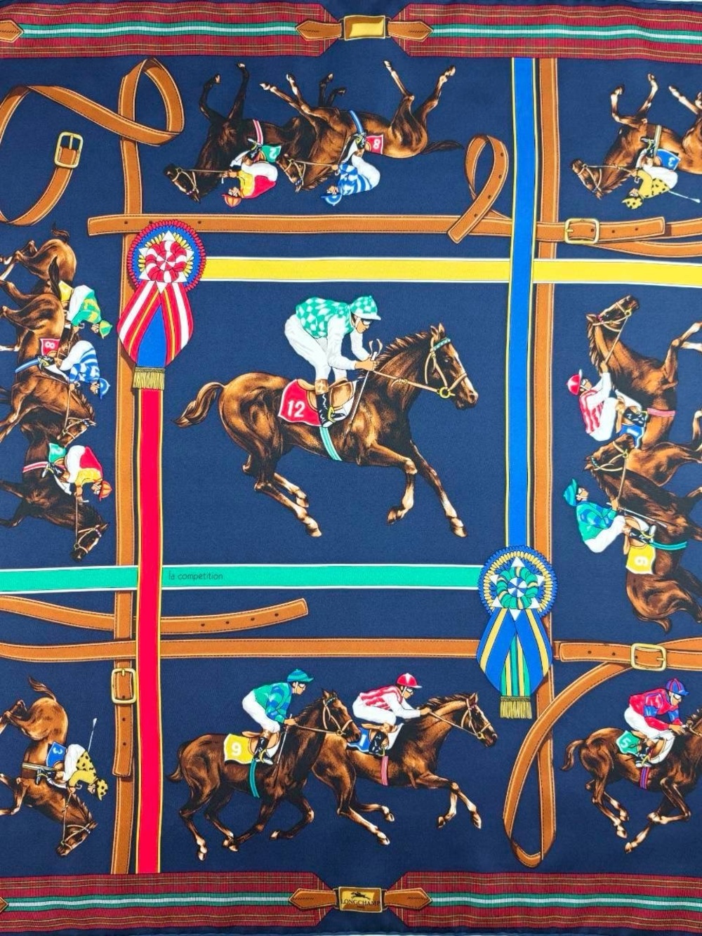 Longchamp Navy Equestrian Racing Print Scarf with Multicolor Ribbons
